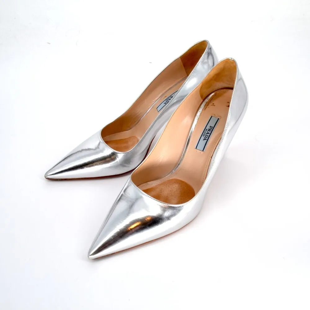 PRADA Silver Metallic Pointed Toe Pumps Stiletto High Heels Leather Size 39 - Image 4