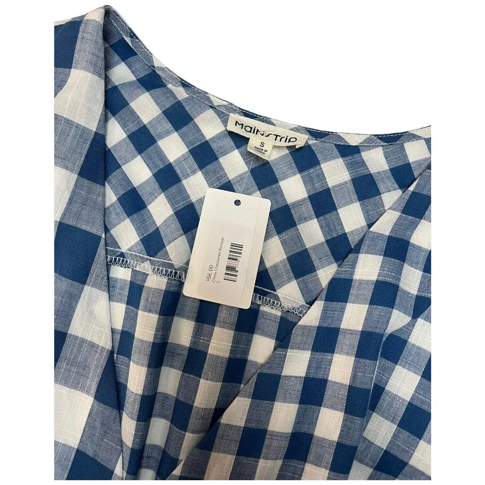 New Mainstrip Gingham V Neck Tie Wrap Front Romper Plaid Blue S - Image 12
