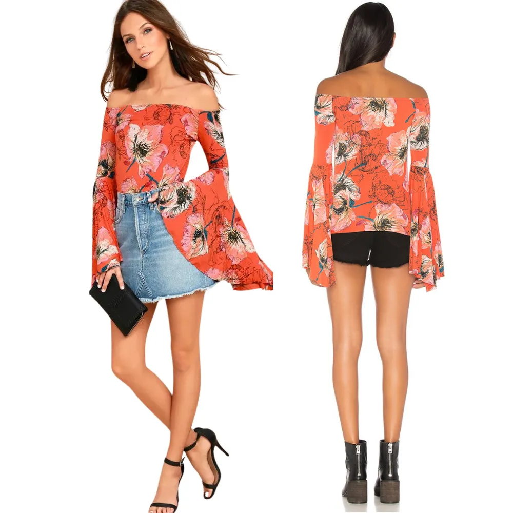 Free People Birds of Paradise Floral Print Off Shoulder Bell Sleeve Top Size S - Image 3