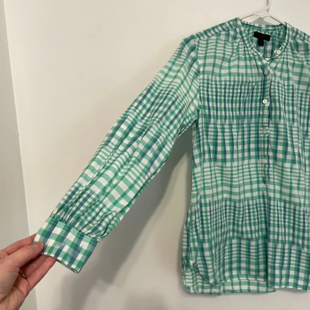 J. CREW Gingham Ikat Popover Shirt Green White Blue Long Sleeve Cotton Preppy 4 - Image 8