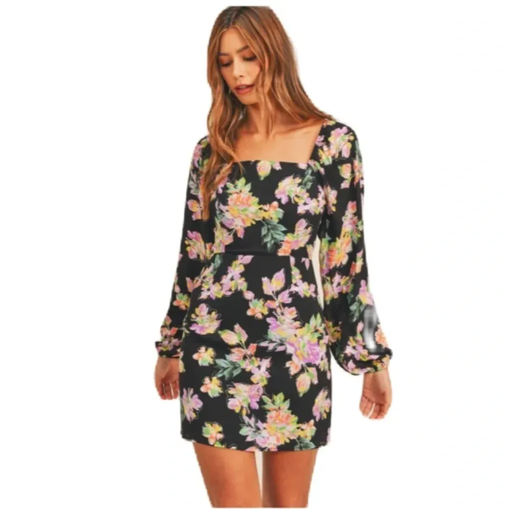 Lush NEW Square Neck Mini Dress Back Smocking Cutout Detail Dark Floral‎ Print - Image 7