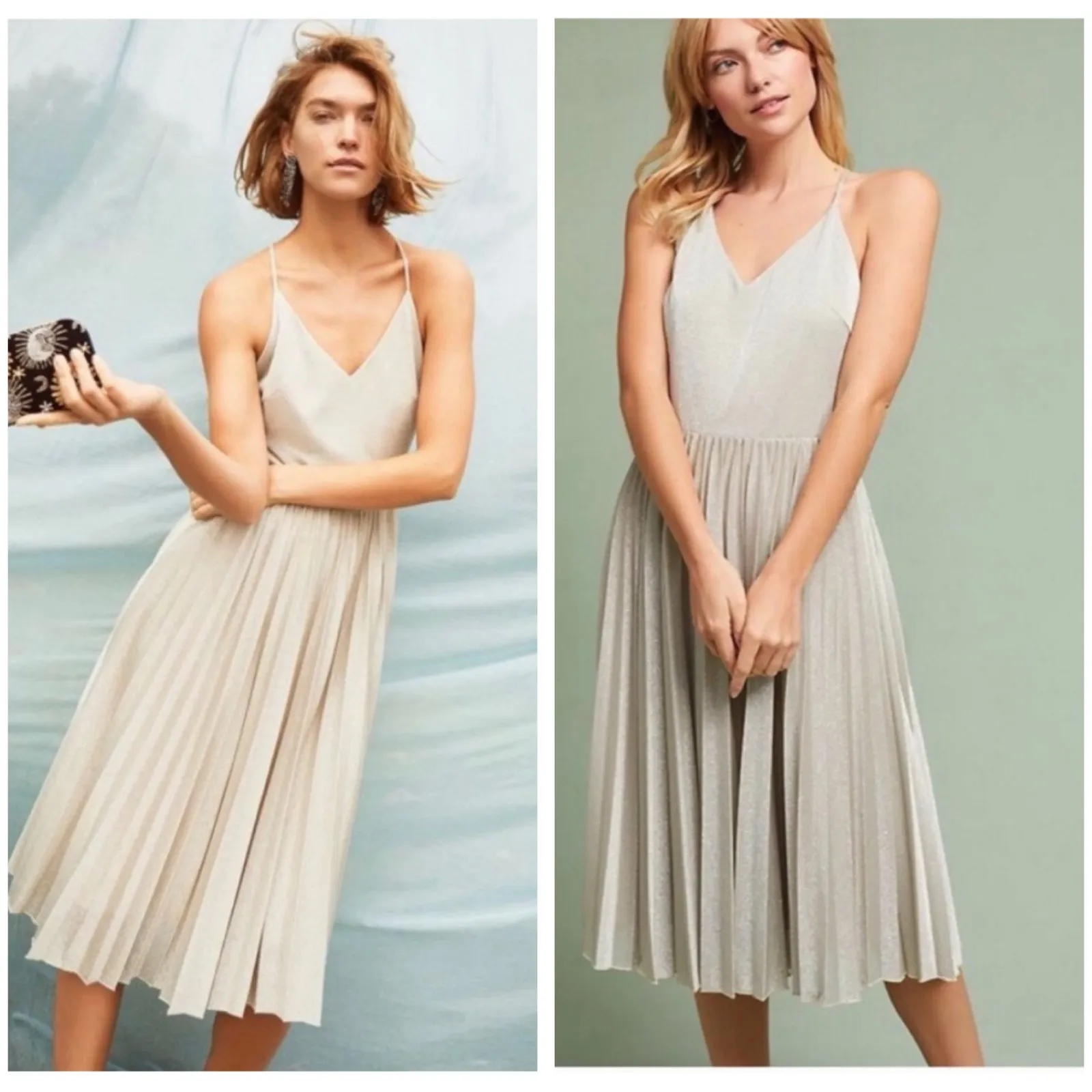 Anthropologie Elevenses Silver Lunar Midi Dress Size 0 Pleated Metallic Aline - Image 2