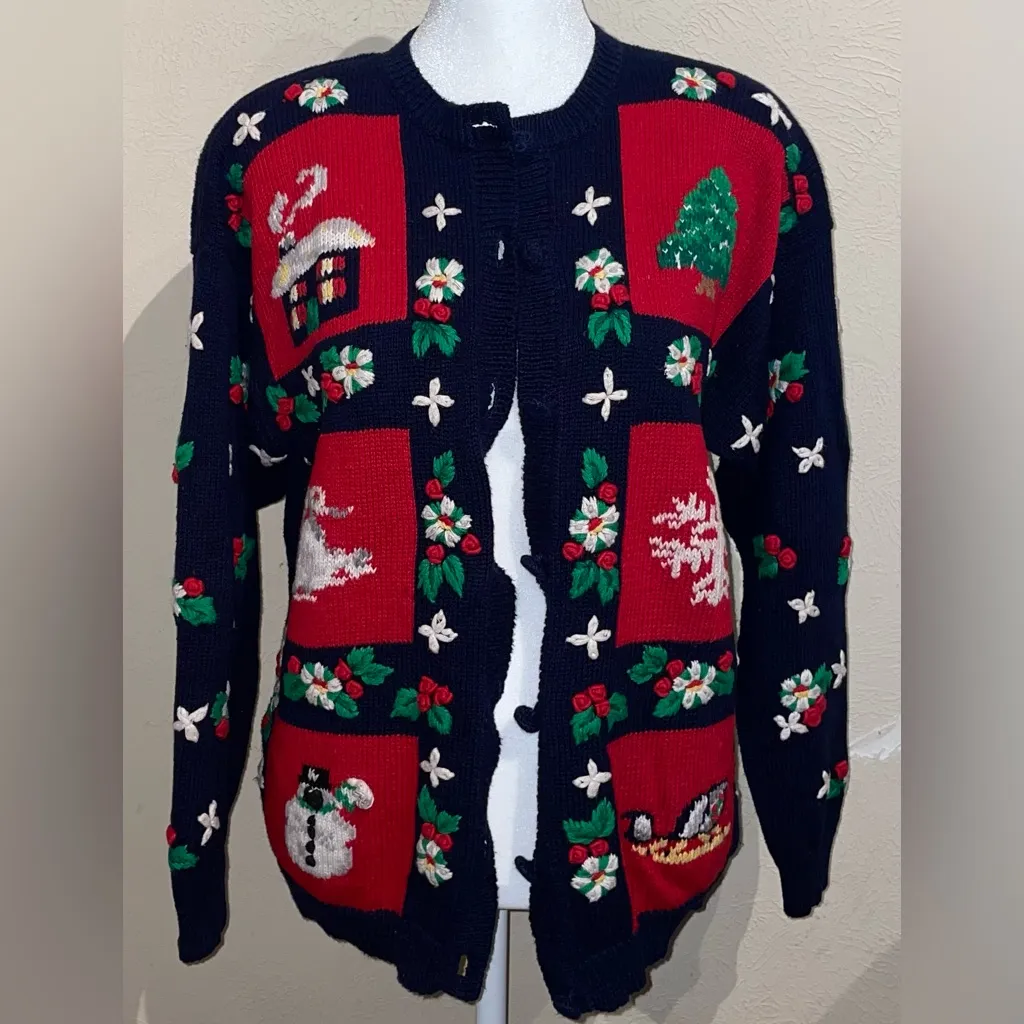 The Eagle's Eye Vintage 1992 Women’s Size S Holly Navy/Red Christmas Sweater Blue - Image 3