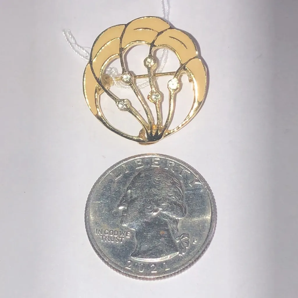 Angel Brand Elegant Gold Tone Cream Enamel Rhinestone Vintage Brooch - Image 3