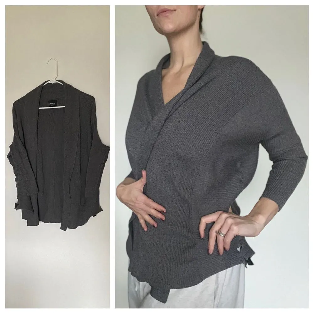 ZARA Ribbed Cardigan Sweater Gray Drop Shoulder Medium Slouchy - Image 3
