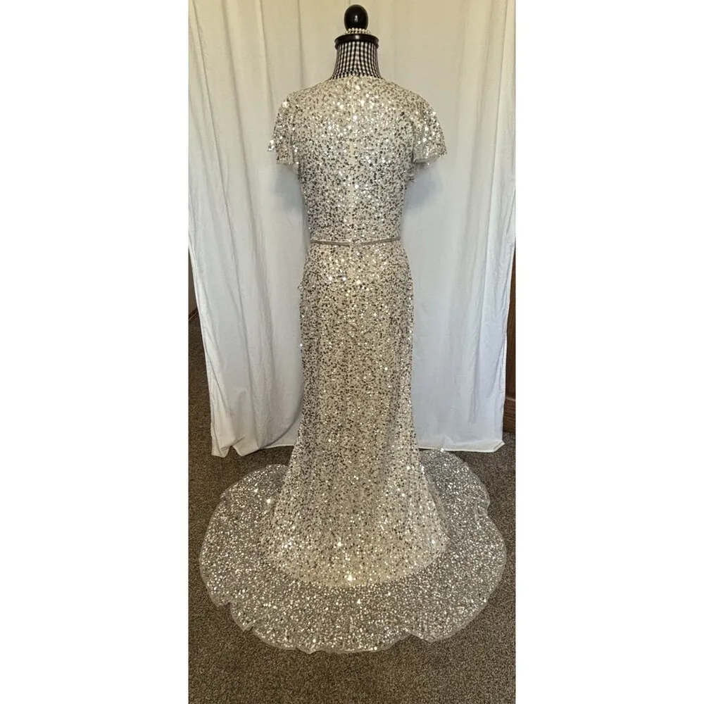 Mac Duggal Women Sequin Faux Wrap Gown Silver 10 Ruffle Dress 70113 Prom Party - Image 5