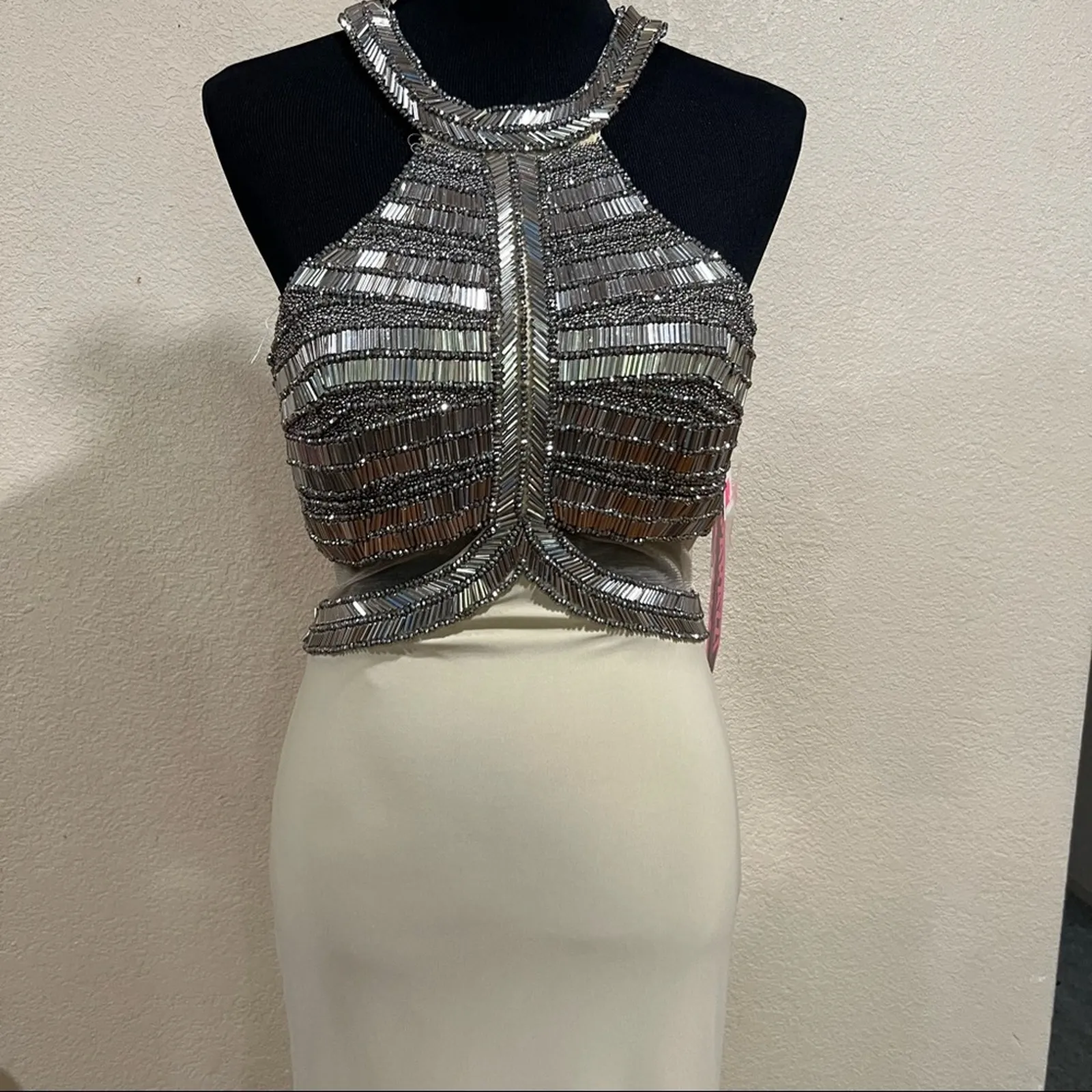 NWT NEW Paparazzi by Madeline Gardner 98143 beaded high neck jersey prom dress Gray Size 8 - Image 4