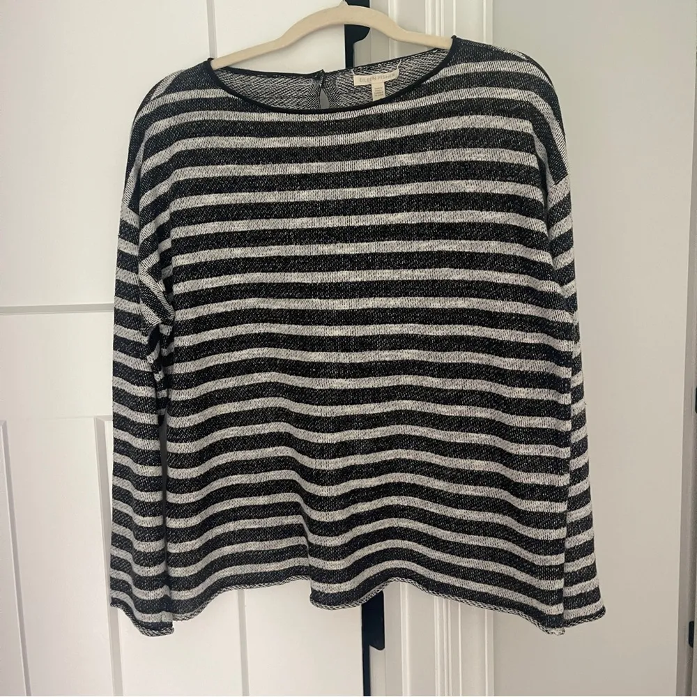 Eileen Fisher Terry Linen Blend Striped Button Back Oversized Pullover - Image 3