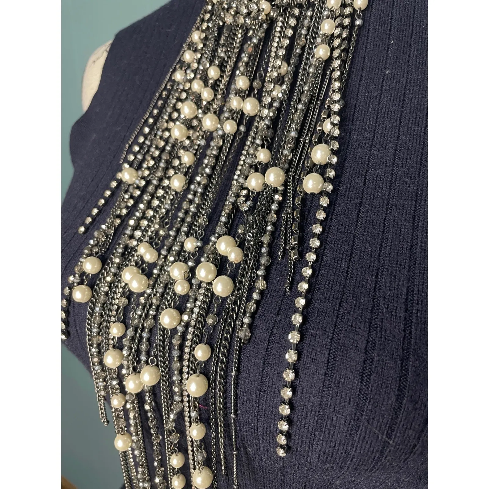 WHBM Crystal & Pearl Waterfall Statement Necklace - Image 6