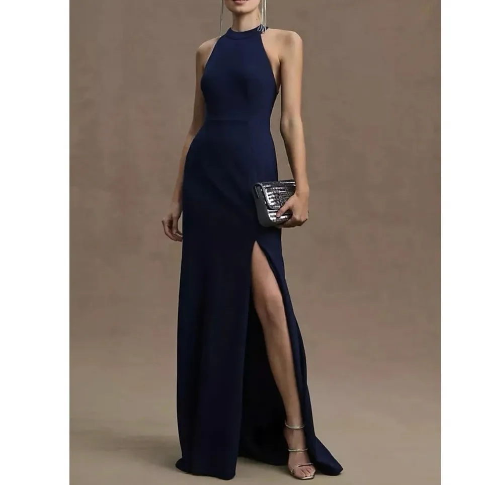 BHLDN Lennox High Neck Side Slit Stretch Crepe Maxi Dress Navy Blue Size 2 - Image 12