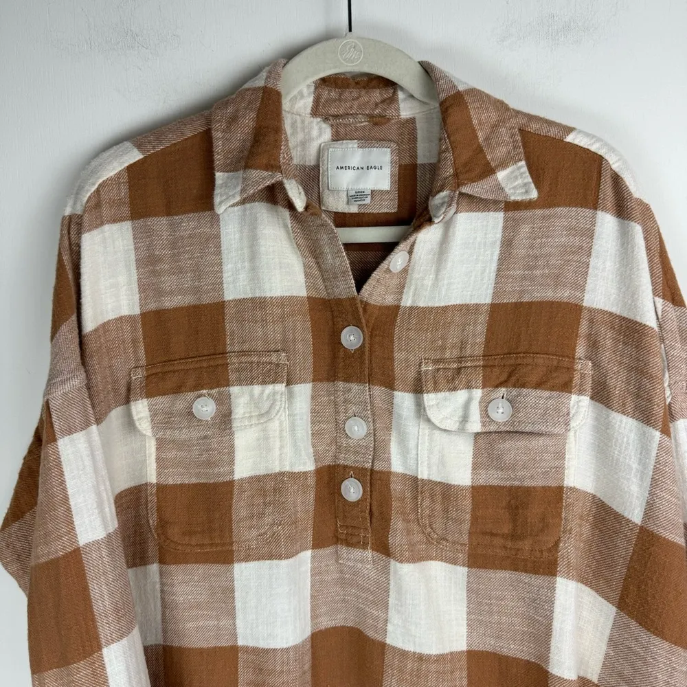 American Eagle Oversized Plaid Flannel Sz Small Tan Brown Pullover - Image 4