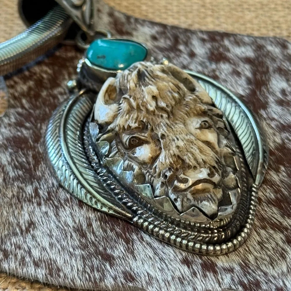 Turquoise and Tibet Silver Carved Buffalo Pendant on 18” Mesh Chain Blue - Image 2
