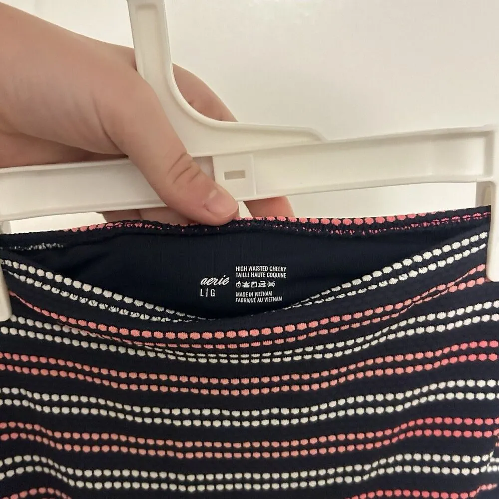 Aerie High Waisted Cheeky Bikini Bottoms Womens Sz Large L Pink White Blue - Image 3