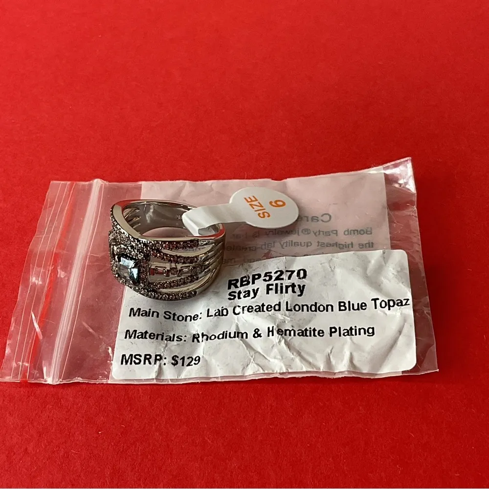 Bomb Party RBP5270 “Stay Flirty” LC Topaz on Rhodium & Hematite Size 7 Ring NWT - Image 5