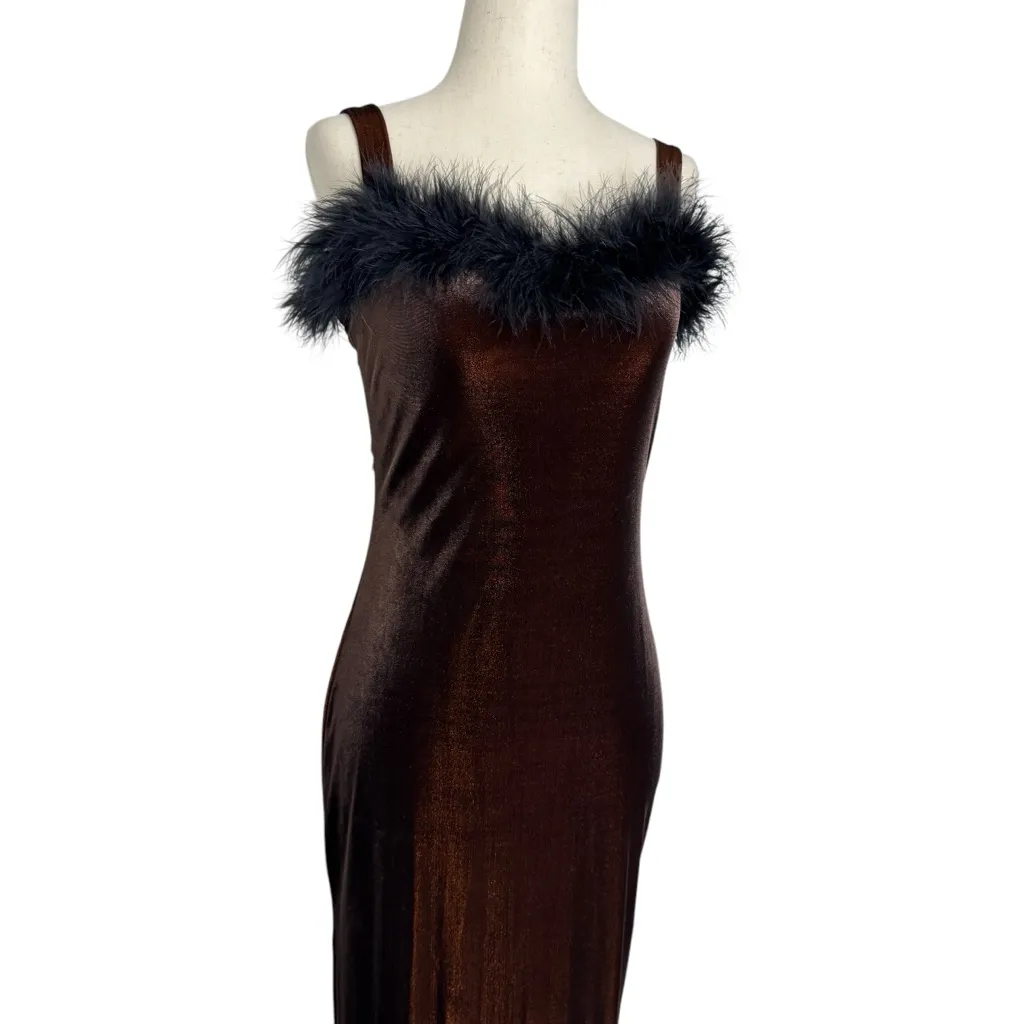 Vintage Beware Copper Velvet Feather Trim Midi Slip Party Dress Black Size M - Image 4