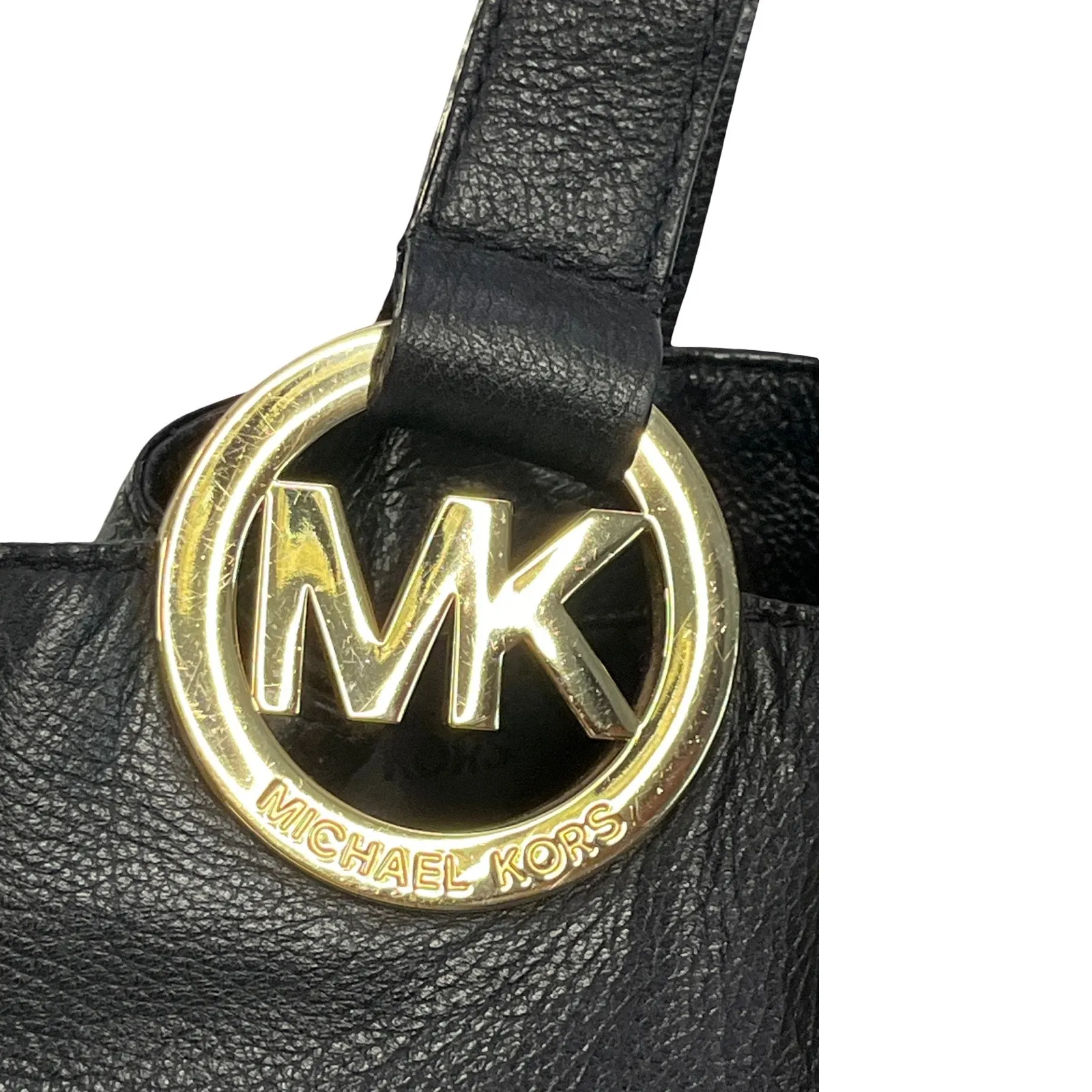 Michael Kors Black Pebbled Leather Tote Bag Gold MK Medallion Shoulder Purse - Image 5