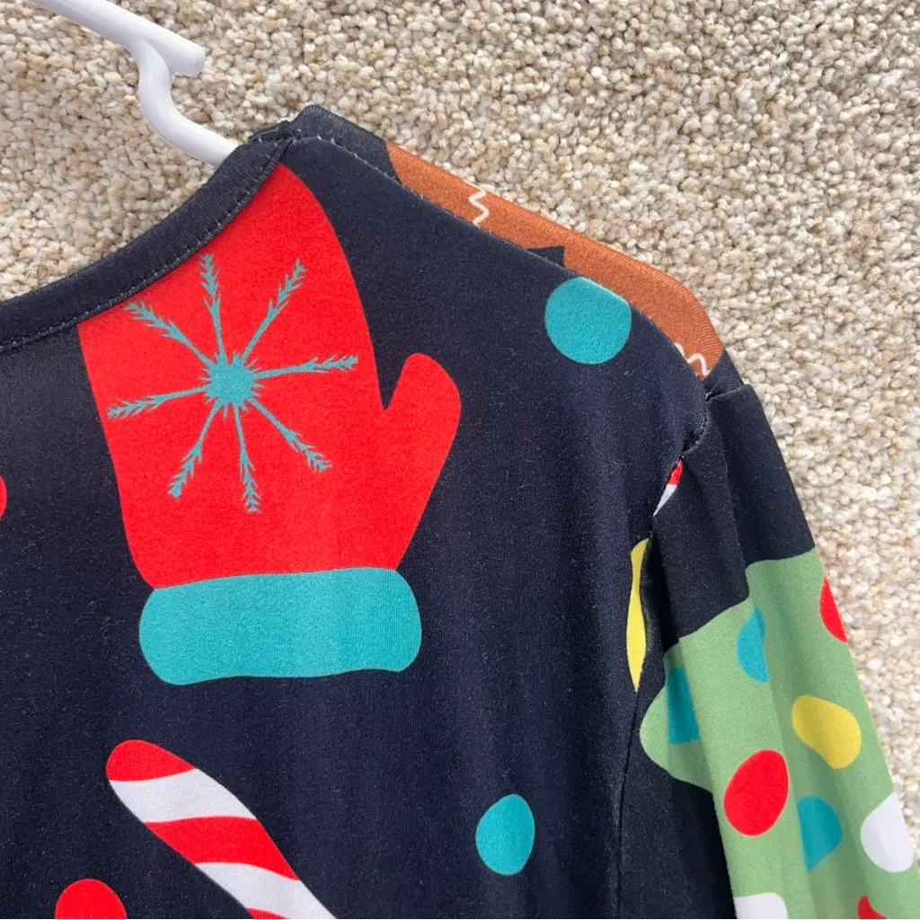 Imperfect Festive Holiday Print Dress size large long sleeved stretchy Black - Image 12