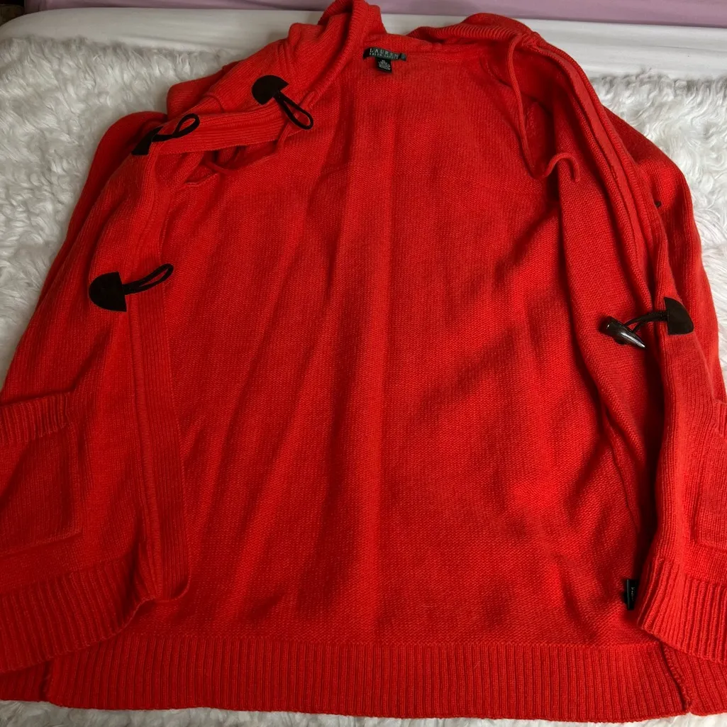 Lauren Ralph Lauren Lamb’s Wool Hooded Sweater Coat Horn Toggle Buttons Wmns XL - Image 11