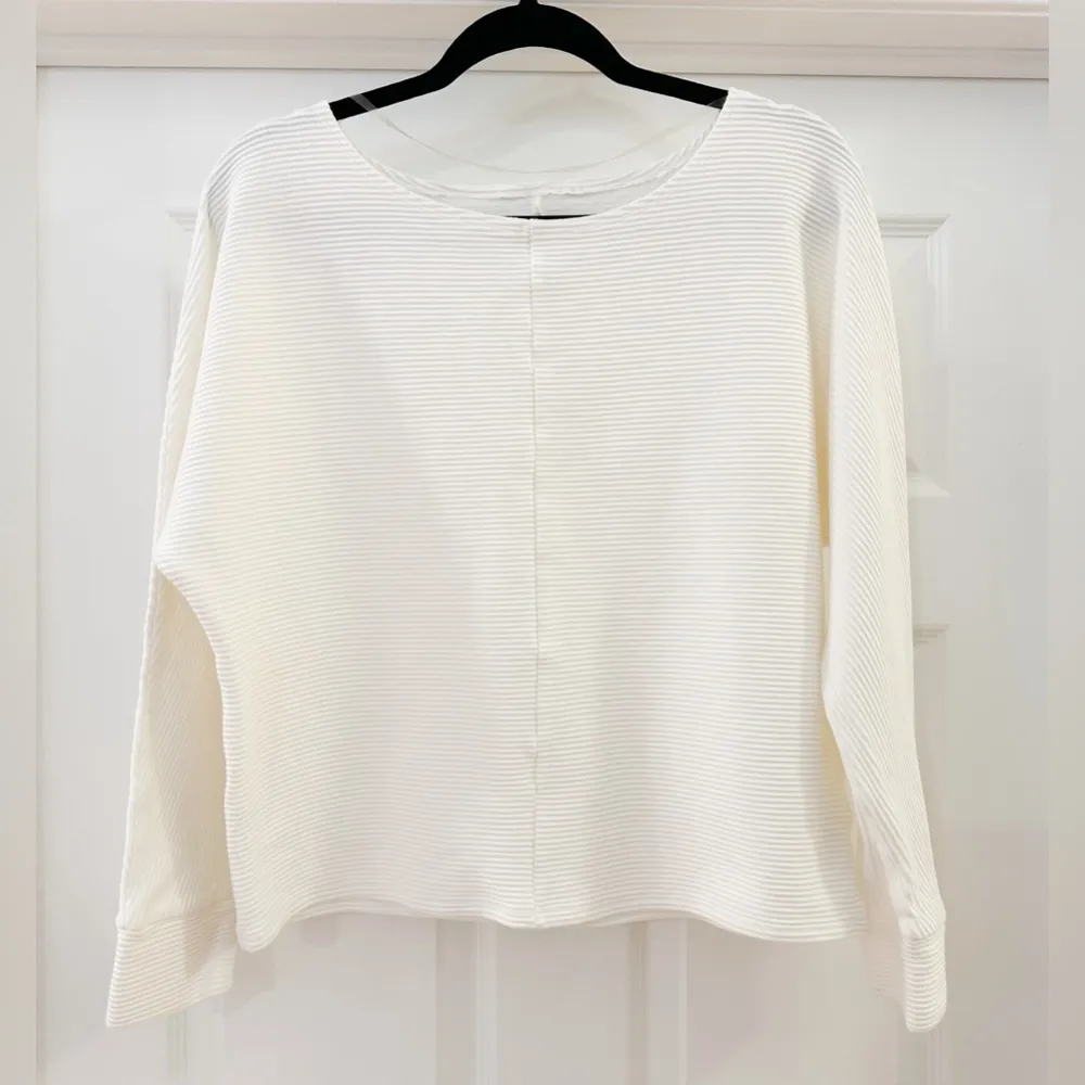 Pullover Ribbed Dolman Sleeve Drop Shoulder Long Sleeve Round Neck Top White - Image 2