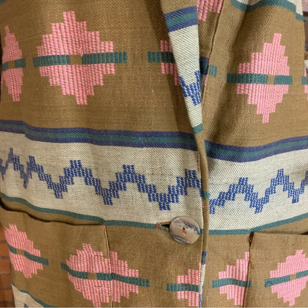 VINTAGE 1990'S BROWN, BLUE AND PINK PAUL HARRIS SOUTHWEST COTTON BLAZER (S) Brown - Image 8