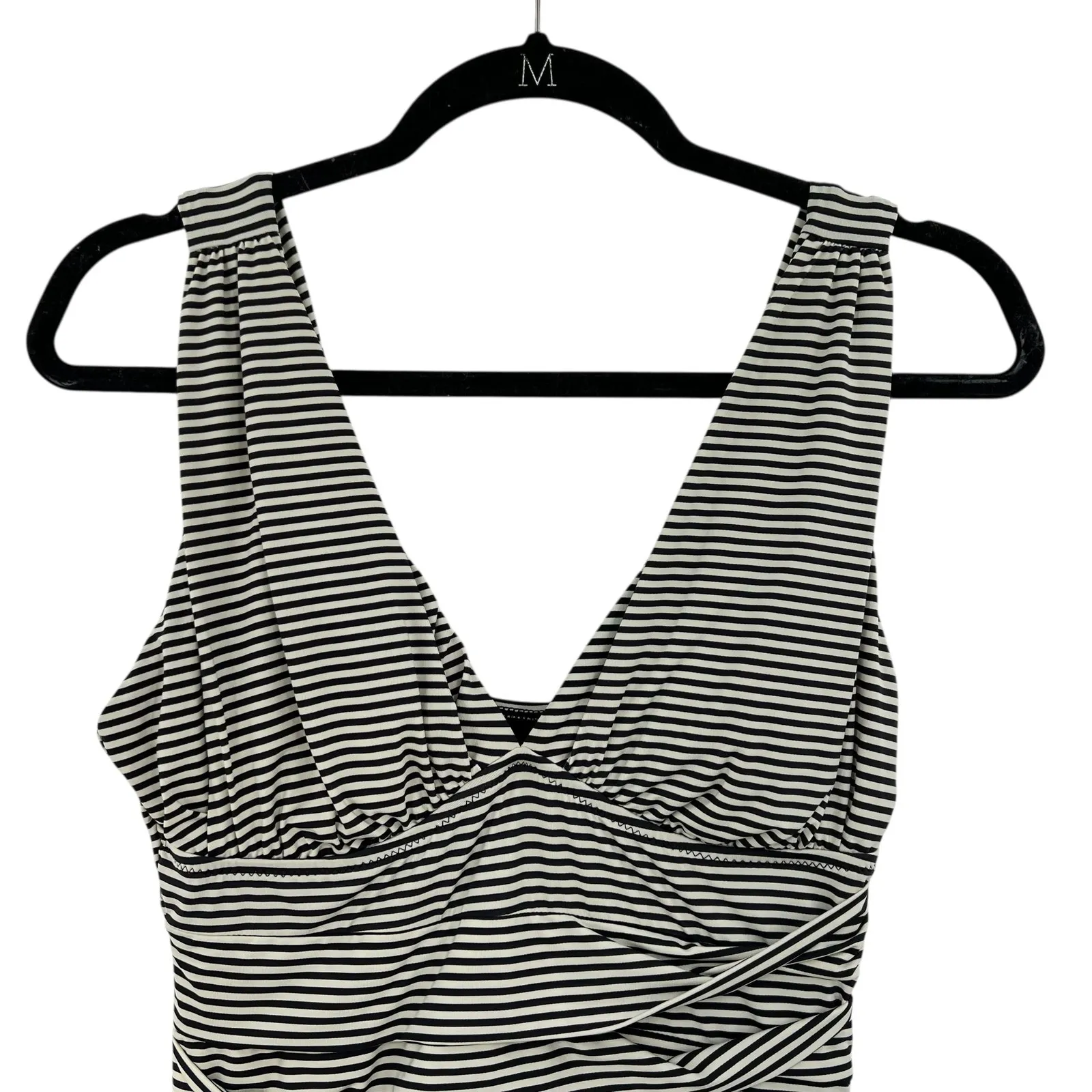 Garnet Hill One Piece Swimsuit Ruched Plunge Striped Black Cream Size 8 - Image 4