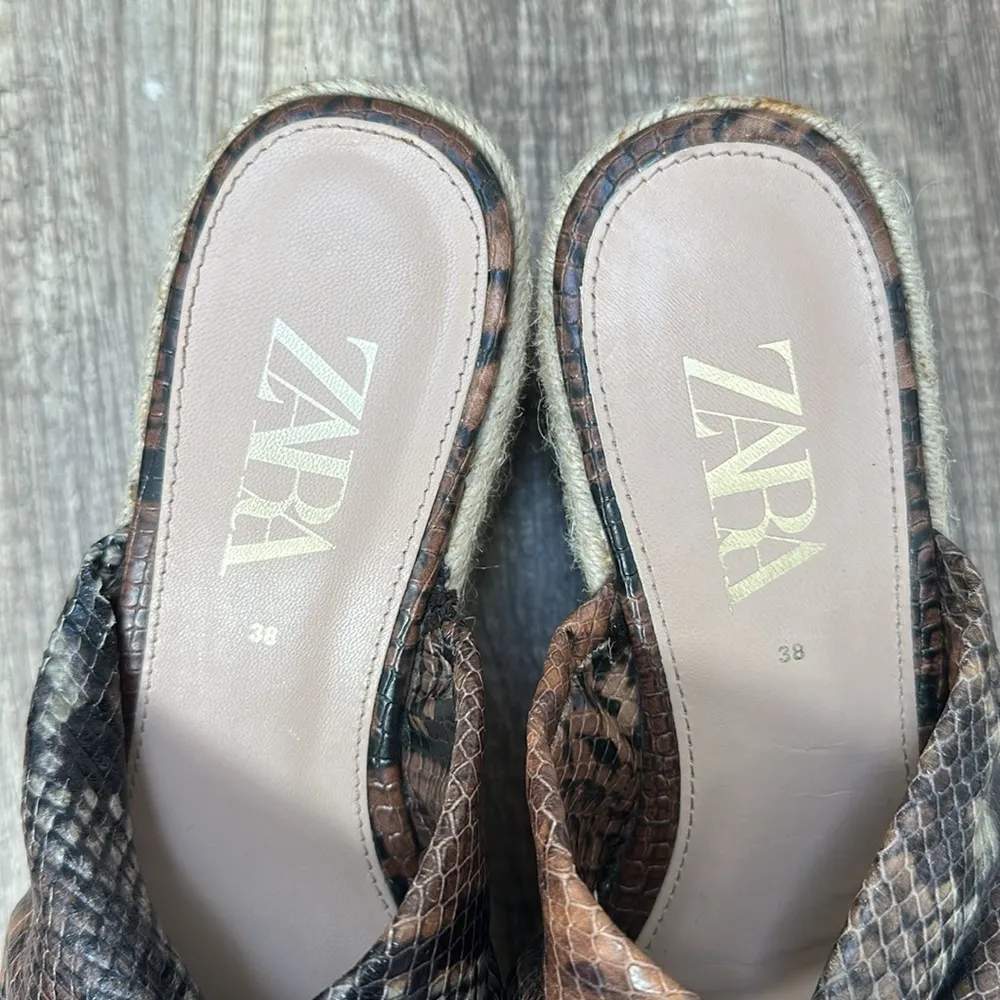 Zara Brown Snakeskin Jute Espadrille Platform Slide Sandals Sz 38 / 7.5 - Image 4