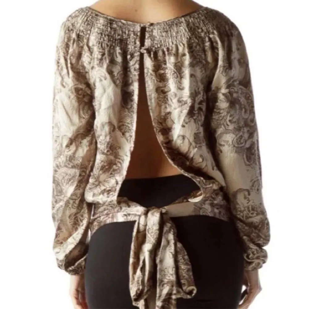 BCBGMaxAzria 100% silk brown/gold open back wrap blouse, XS‎ - Image 3