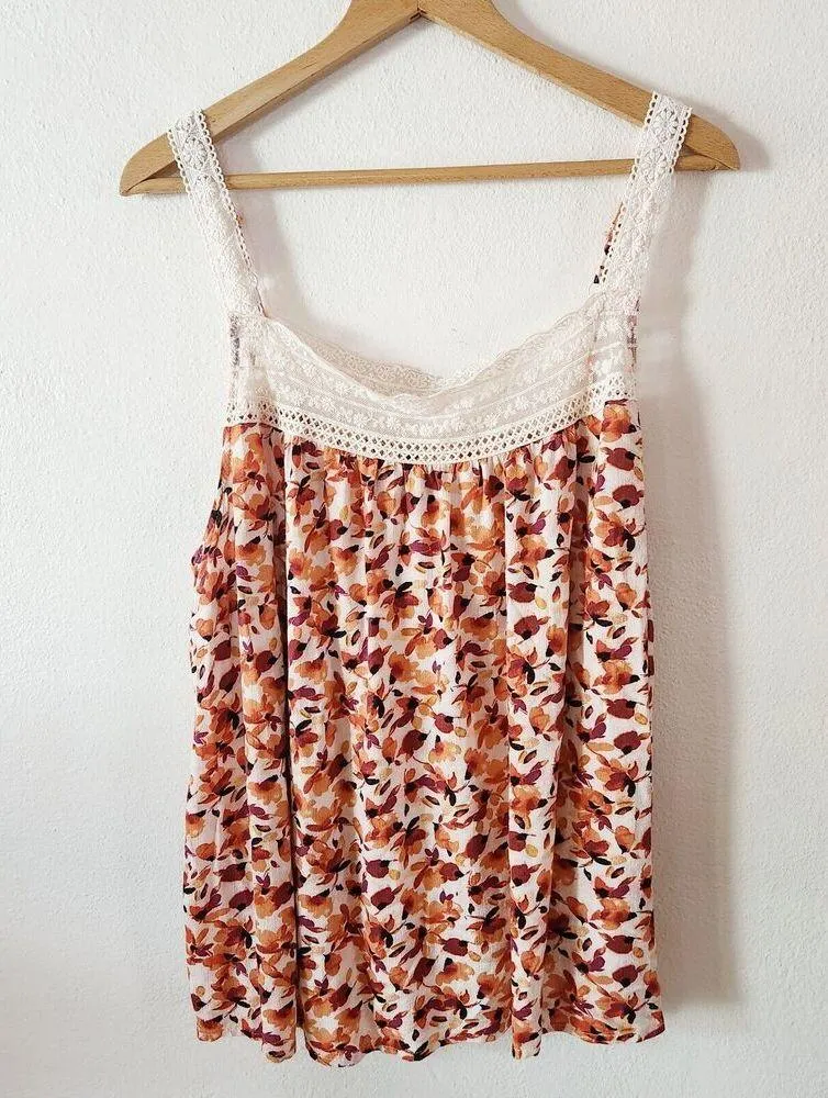 Torrid Sleeveless Gauze Crochet Lace Detail Orange White Floral Tank Top Size 2X - Image 3