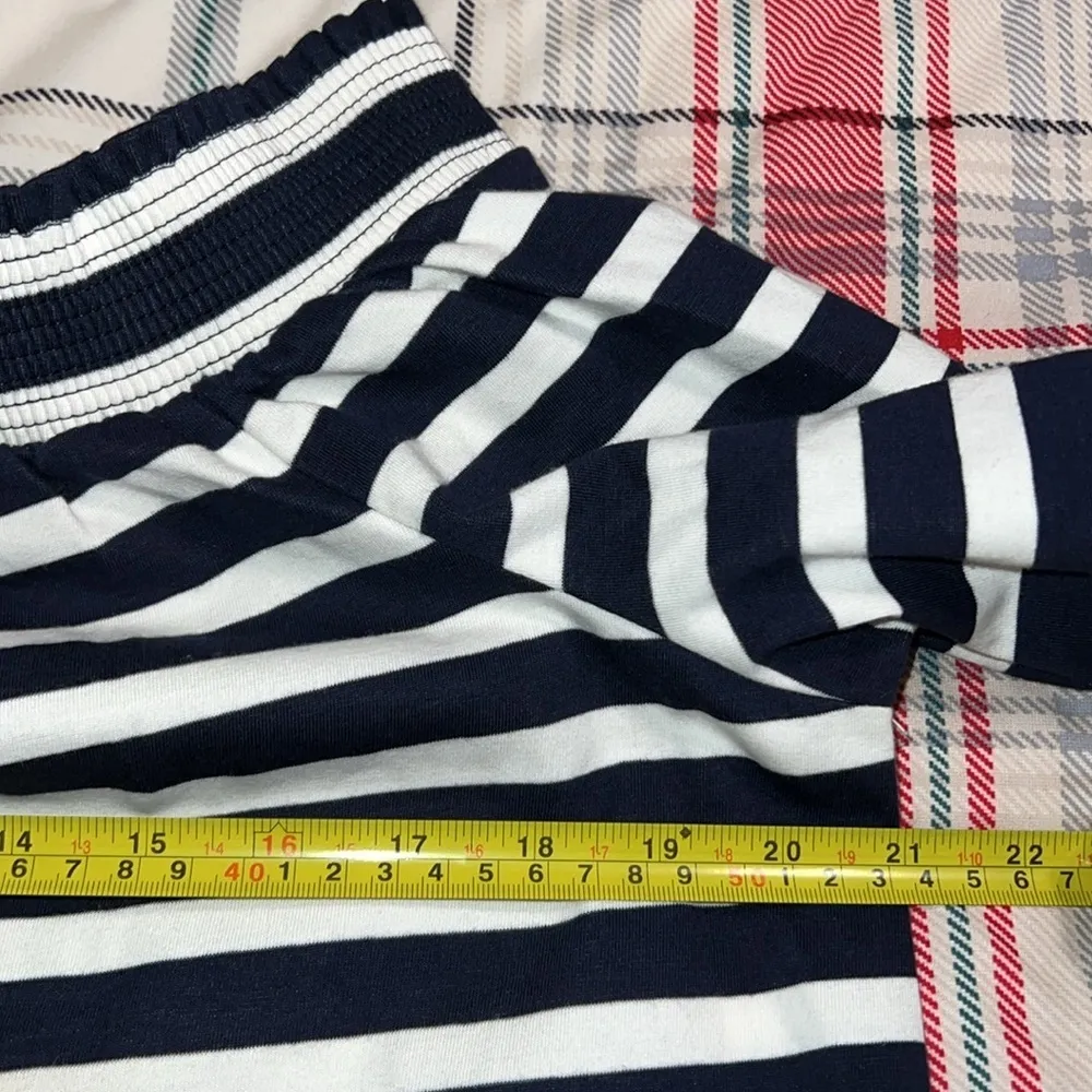 J. CREW women’s medium off the shoulder dark blue stripe top bow sleeve detail - Image 12