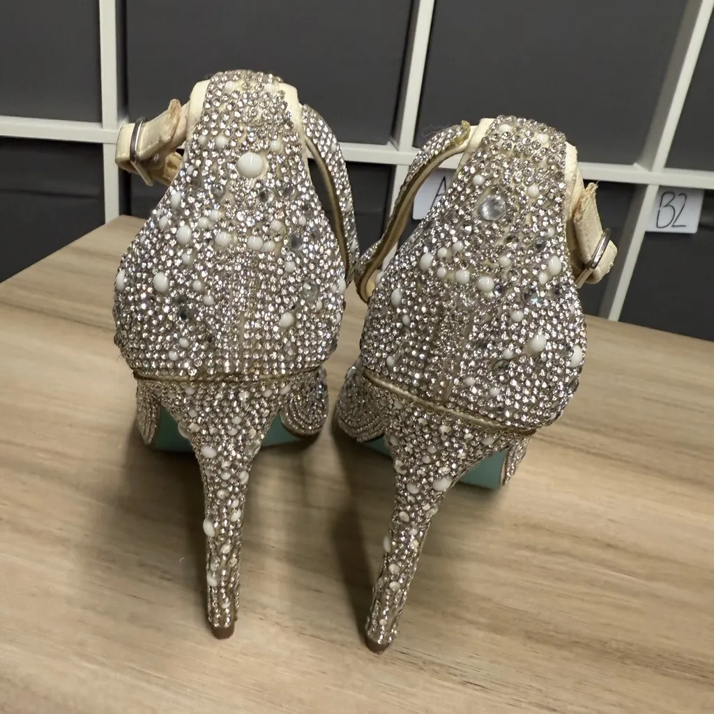 Betsey Johnson SB Sage Elegant Silver Peep Toe Heels with Rhinestones and Pearls - Image 4