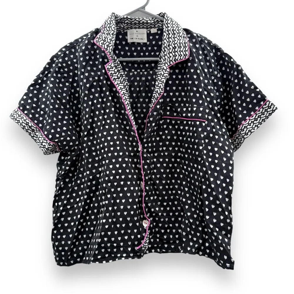 Lele Sadoughi x Roller Rabbit Black, White & Pink Heart Print Pajama Set Sz L - Image 3