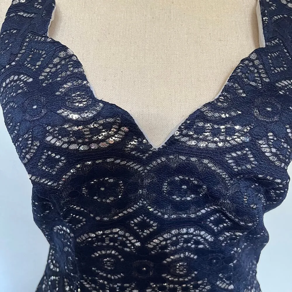 B.DARLIN Halter Lace Dress Size 5/6 Blue Fairy Grunge Whimsigoth Tie Shiny Full - Image 3