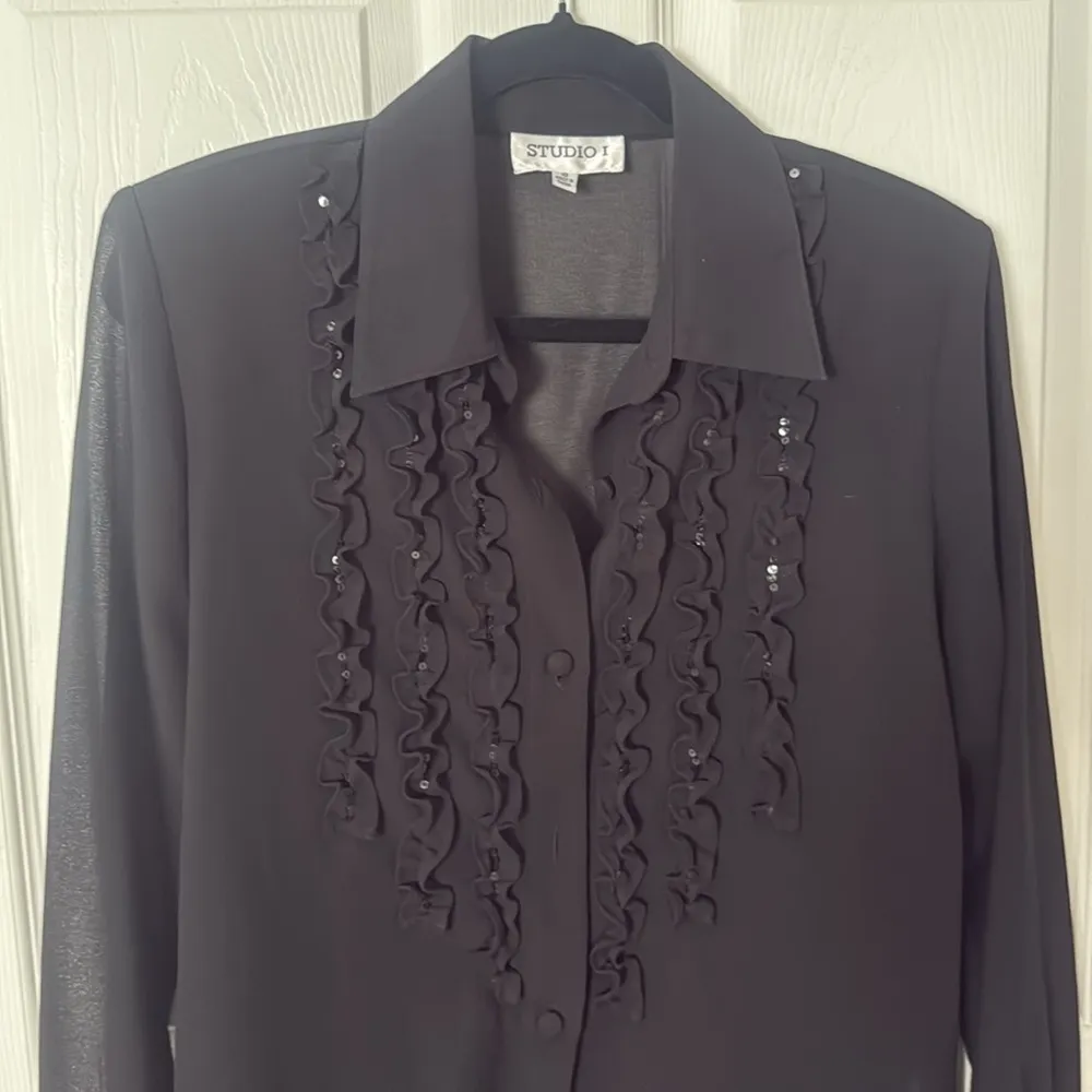 Vintage Studio I Black Button Down Shirt ruffles sequins size 10 - Image 2