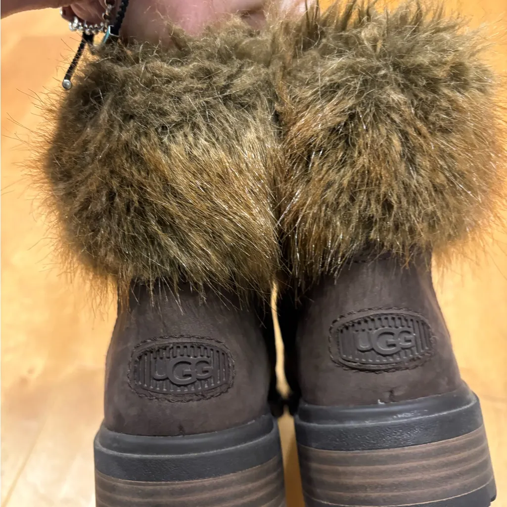 UGG Harrison Lace Tipped boots waterproof leather faux fur trim brown sz 10 - Image 4