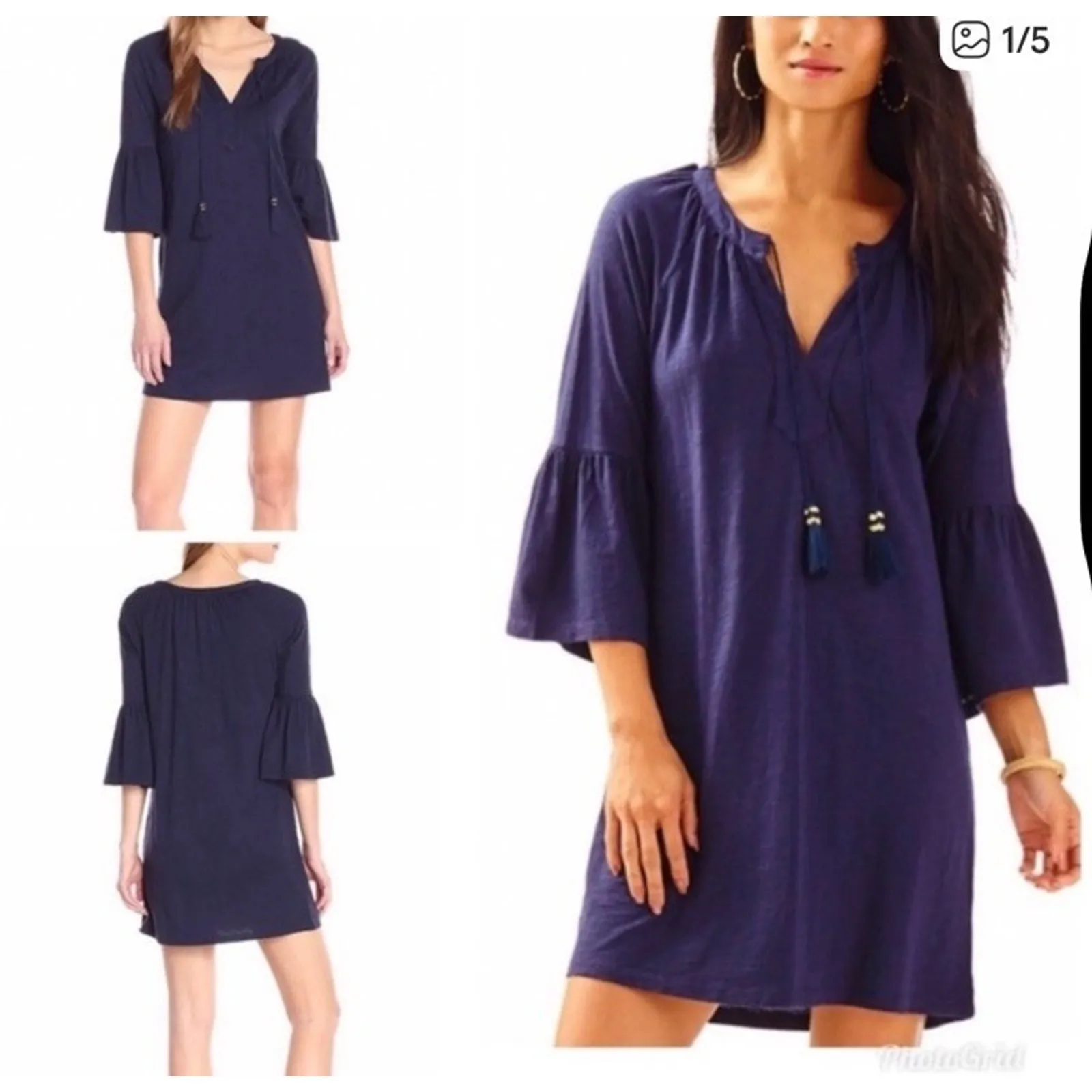 Lilly Pulitzer Size M Del Lago Tunic Navy Dress Tassel Ties Bell Sleeve Beach - Image 3