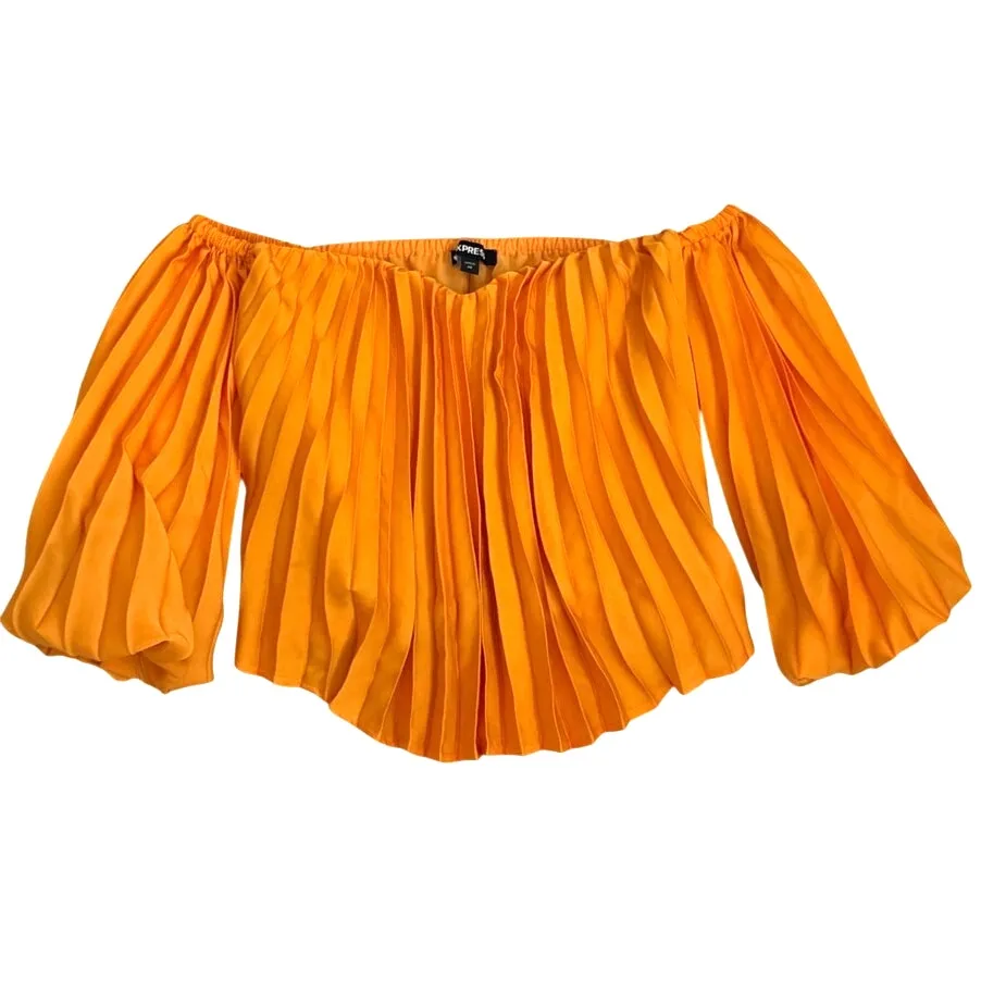 NWT Express Pleated Date Night Out Off Shoulder Balloon Sleeve Blouse Orange XS - Image 2