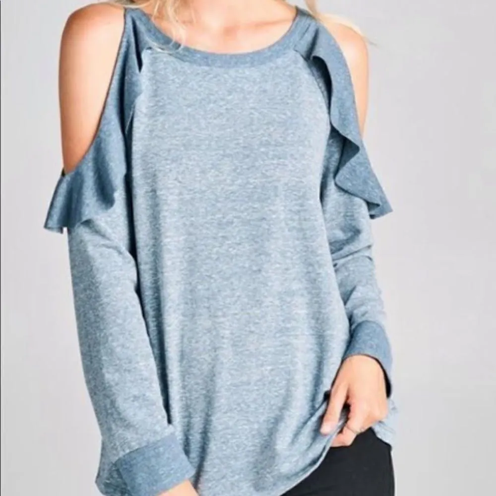 ‎Ruffled Cold Shoulder Sweatshirt Blue Size M - Image 2