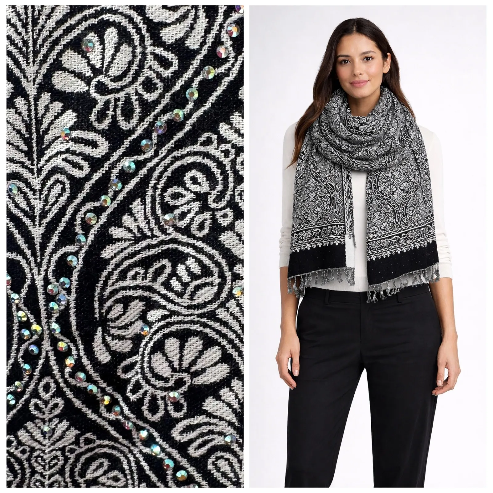 SKY Cashmere Pashmina Scarf Black White Paisley Embellished Sparkle Formal - Image 2