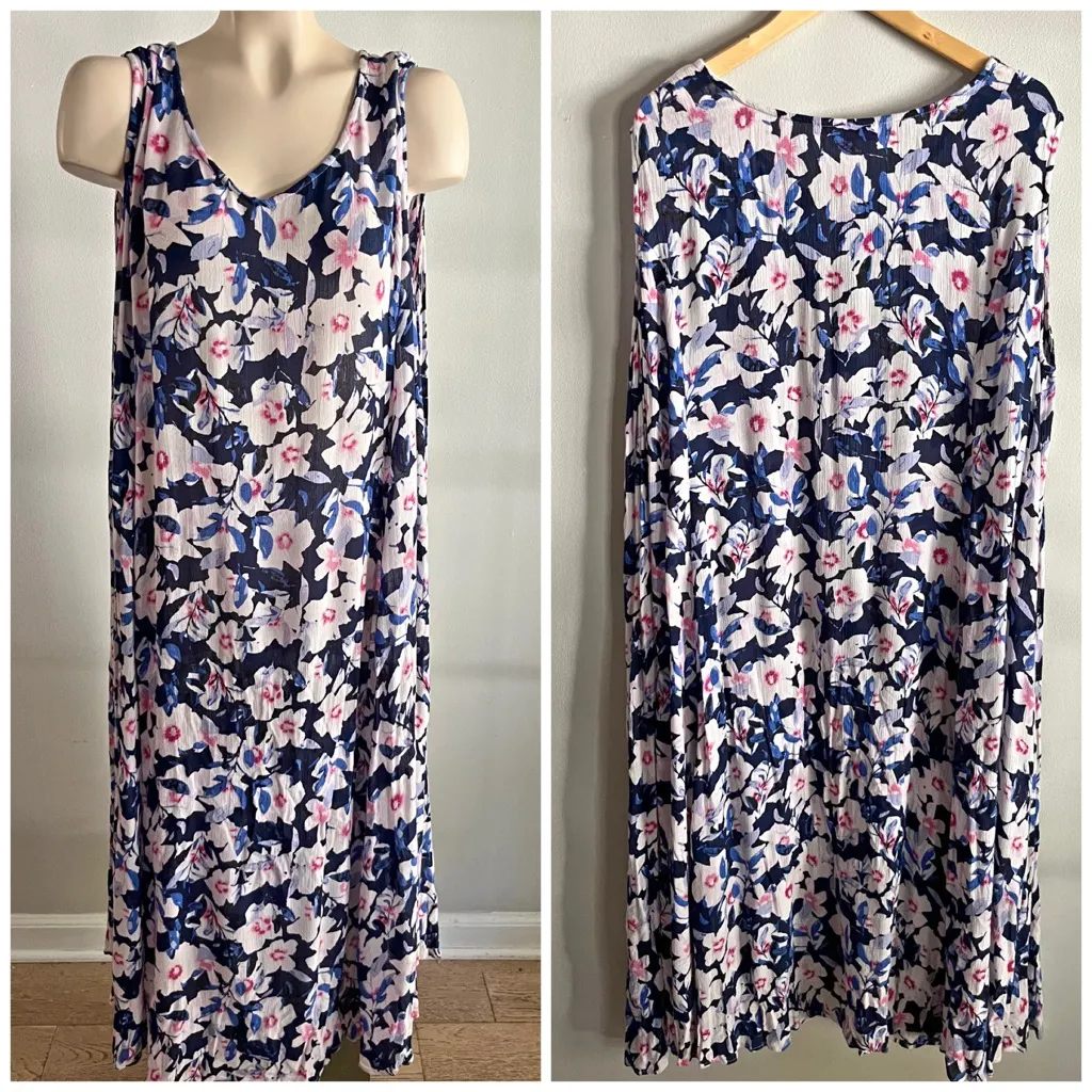 Woman Within Floral Crinkle Maxi Dress 1X 22/24 Petite Navy Pink Rayon Boho - Image 2