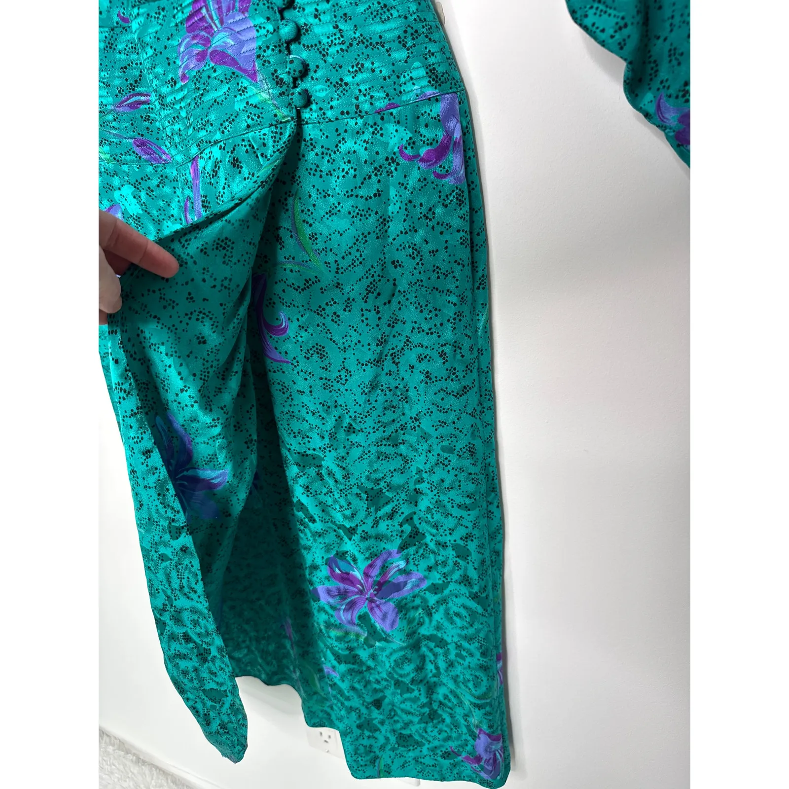 Vintage Maggy London by Jeannene Booher 80s Teal Silk Floral Midi Dress medium - Image 9