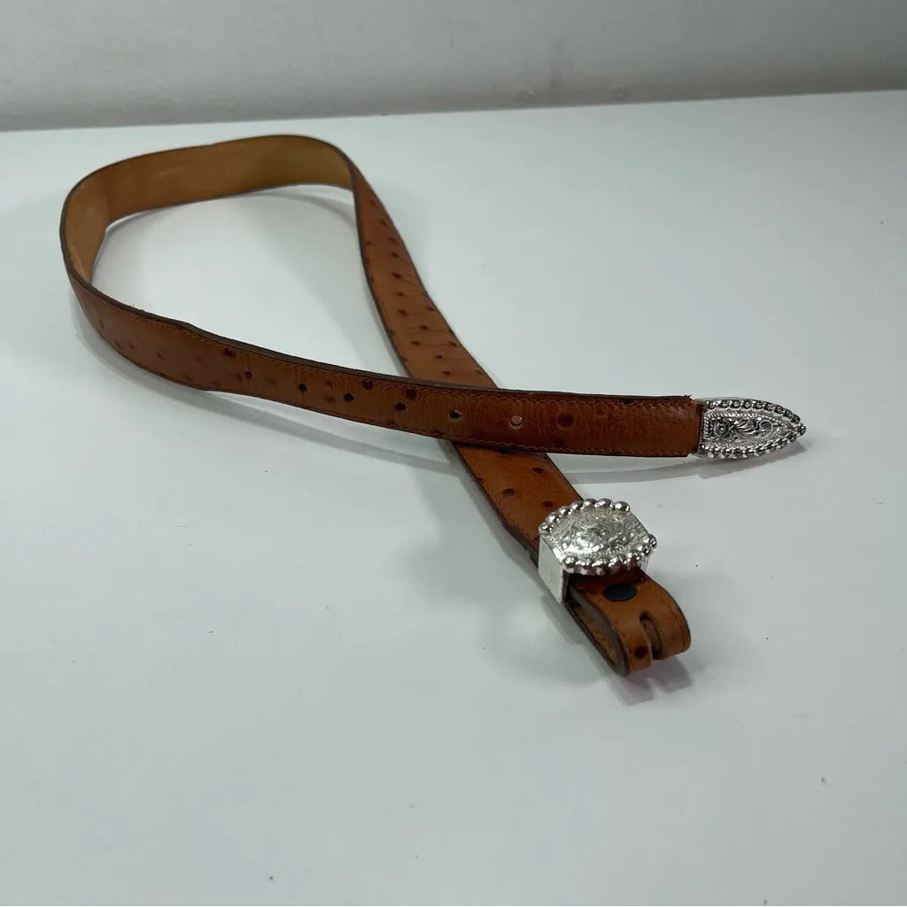 Tony Lama Tan Ostrich Print Scalloped Western Concho Belt Size 32 USA 5597L 1'' - Image 2