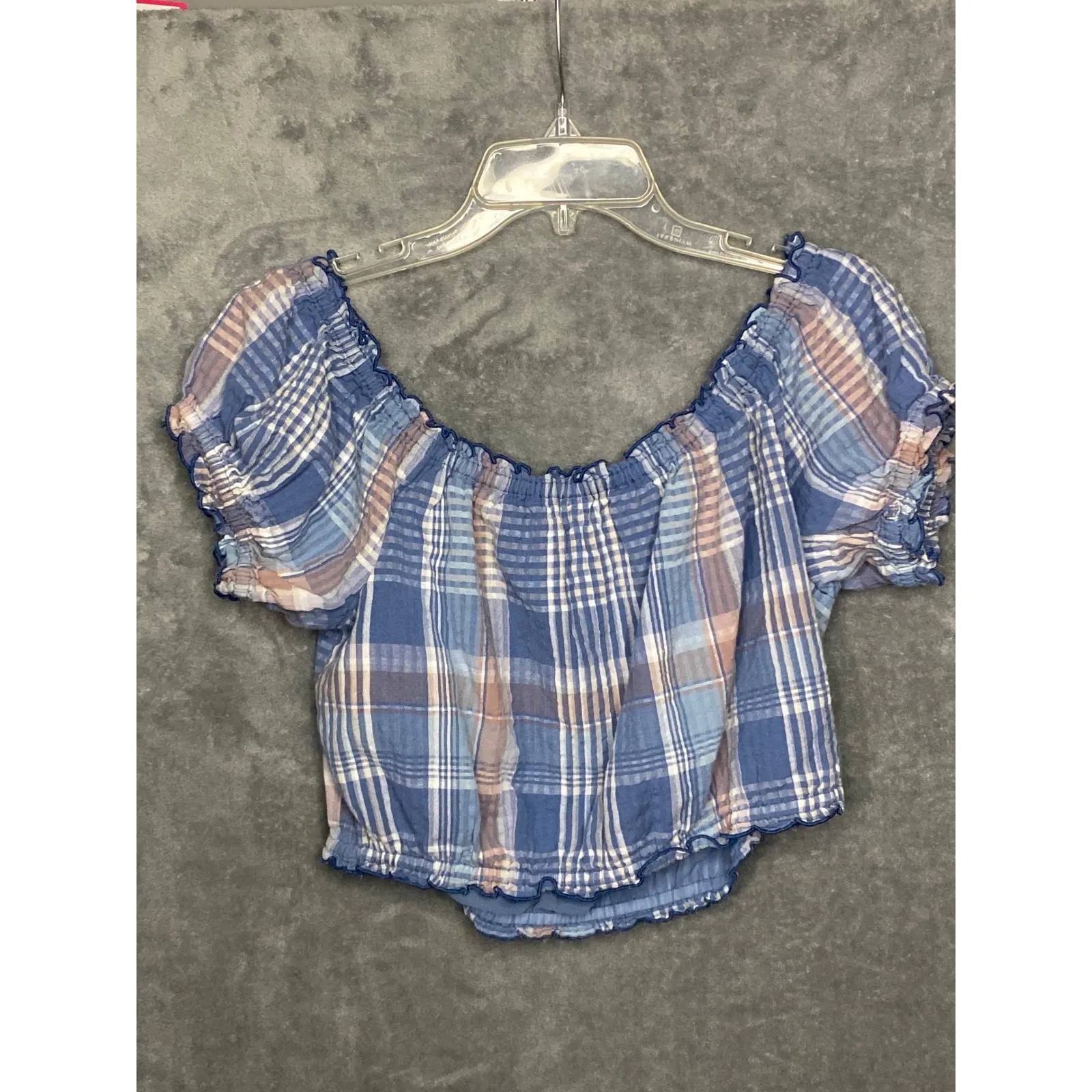 American Eagle Outfitters Plaid Off The Shoulder Crop Top Puff Sleeve Blue M - Image 5