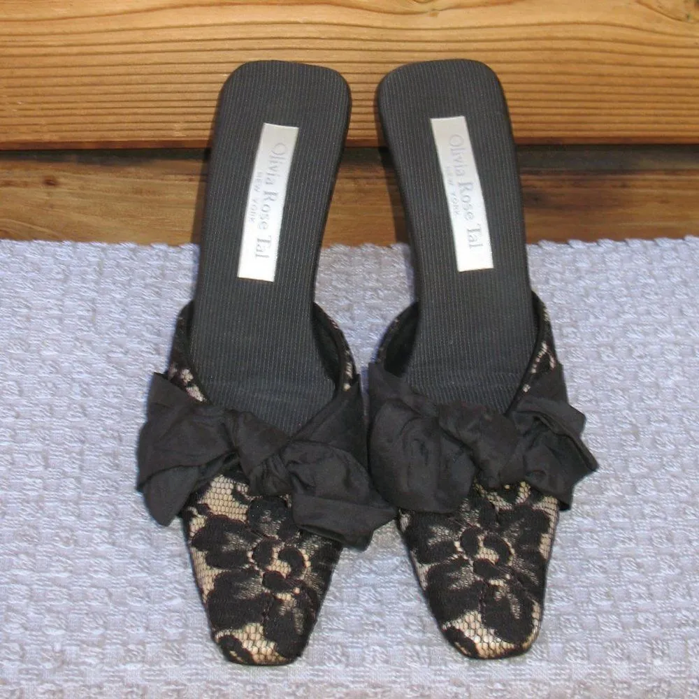 Black Lace Bow Mules Shoes Heels Black Size 7 - Image 3