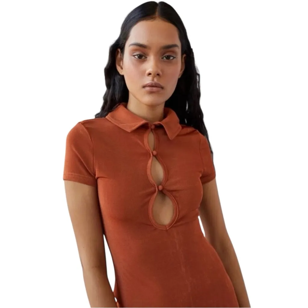 Urban Outfitters Rust Orange Ribbed Cutout Bodycon Mini Dress Collared Size L - Image 3