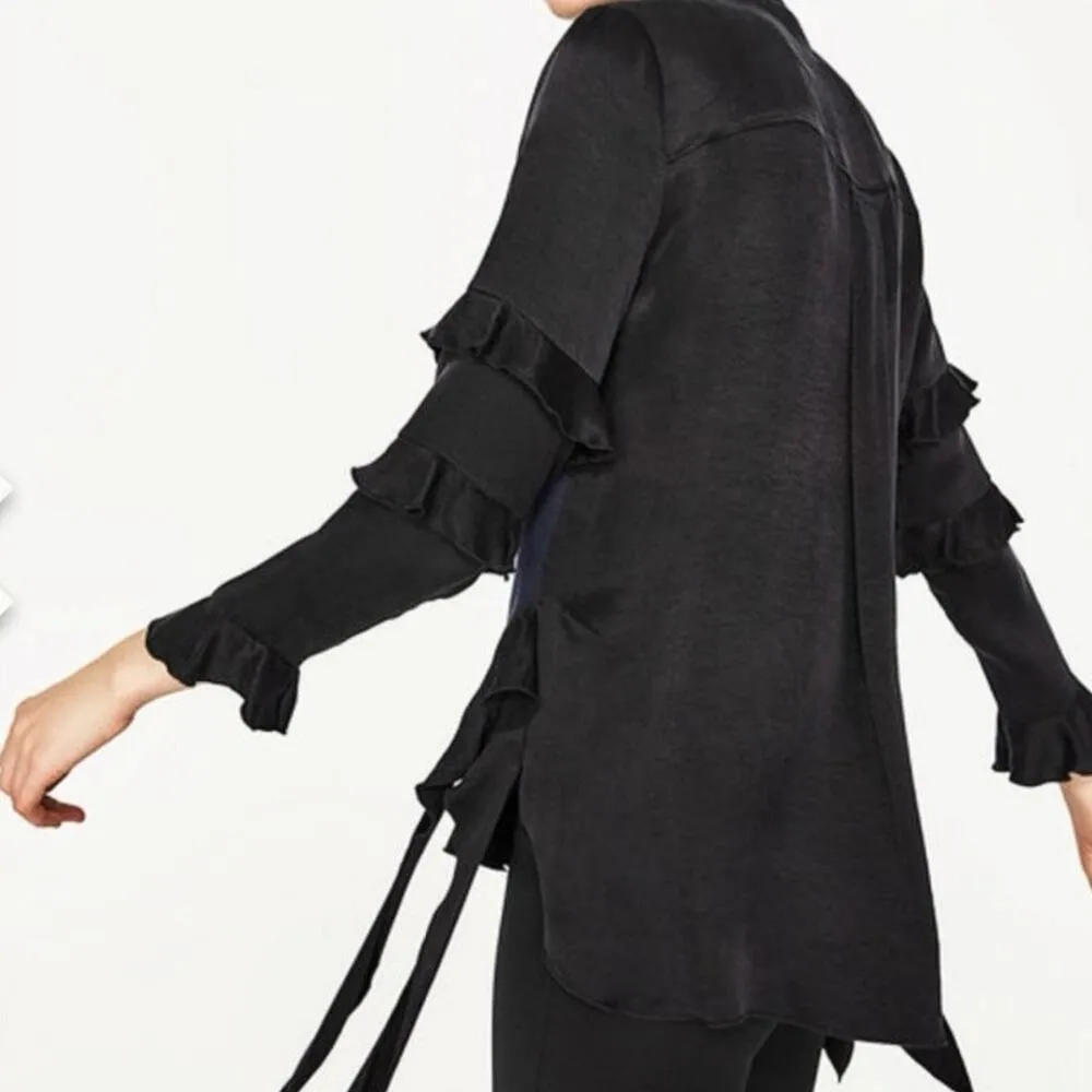 Zara Navy Blue Crew Neck Tiered Color Block Ruffle Long Sleeve Top Sweatshirt M - Image 3