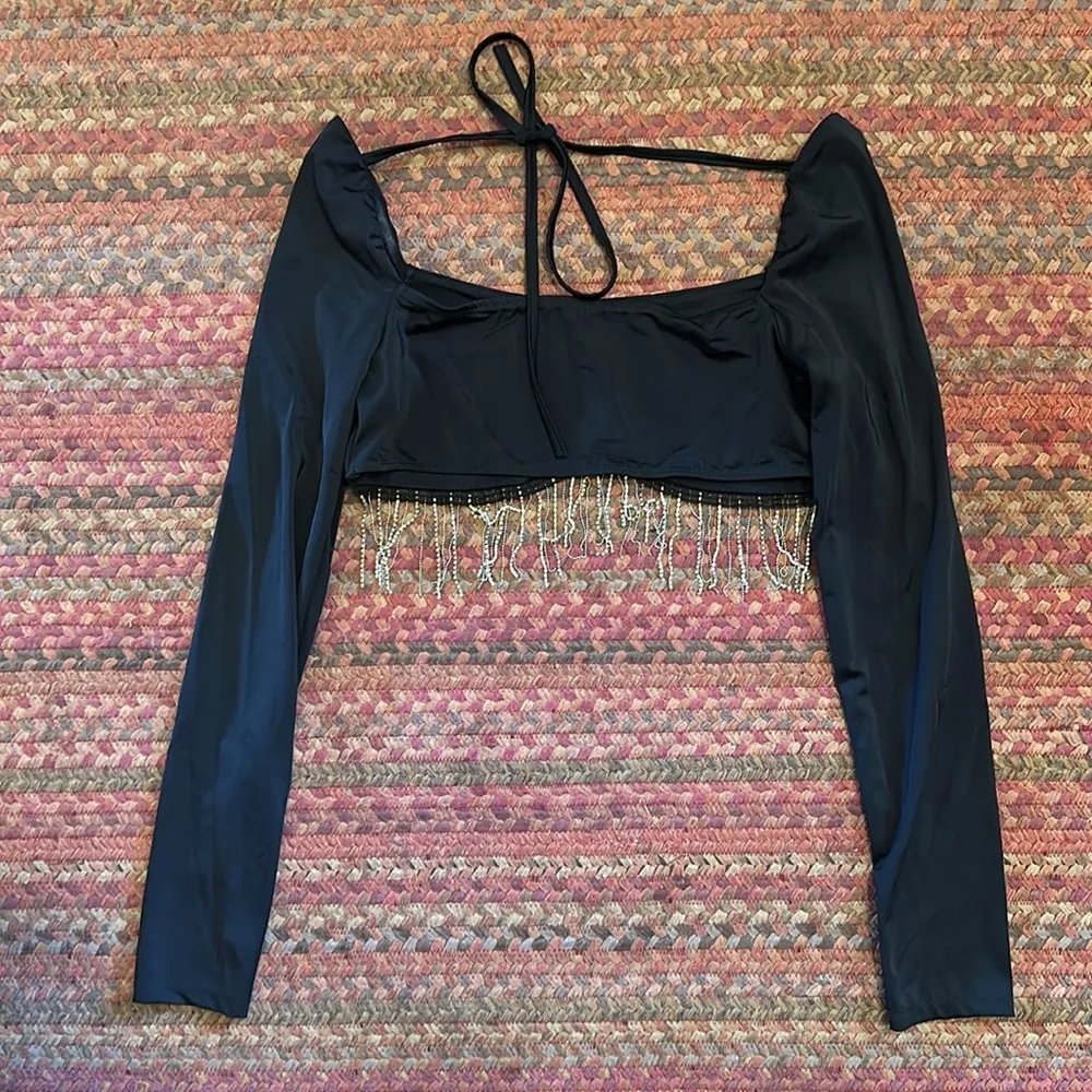 BLACK CROP LONG SLEEVE RHINESTONE FRINGE BLOUSE Size undefined - Image 3