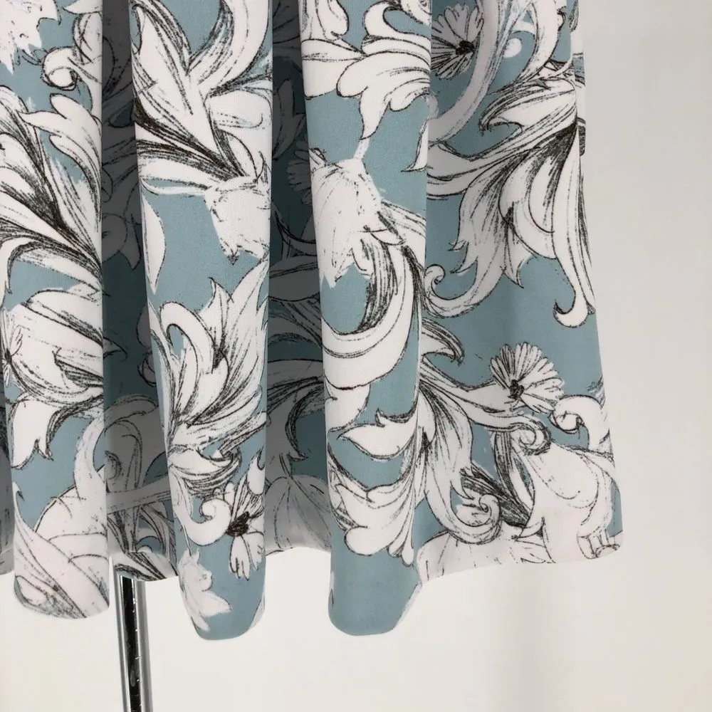 1. State Aqua White Drawn Floral Pleated Skater Skirt Banded Waist size M - Image 3