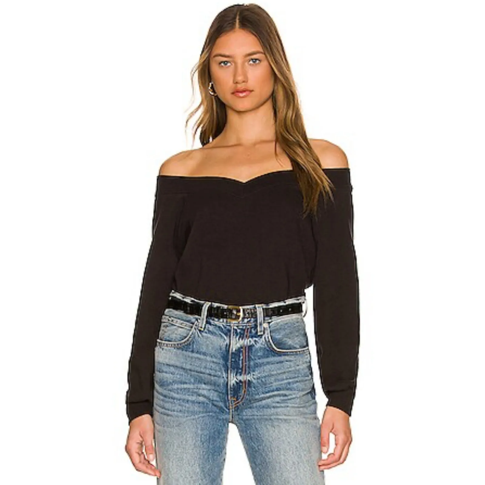 Nation LTD Ianna Off-The-Shoulder Soft Luxe Sweatshirt in Jet Black Size Medium - Image 2