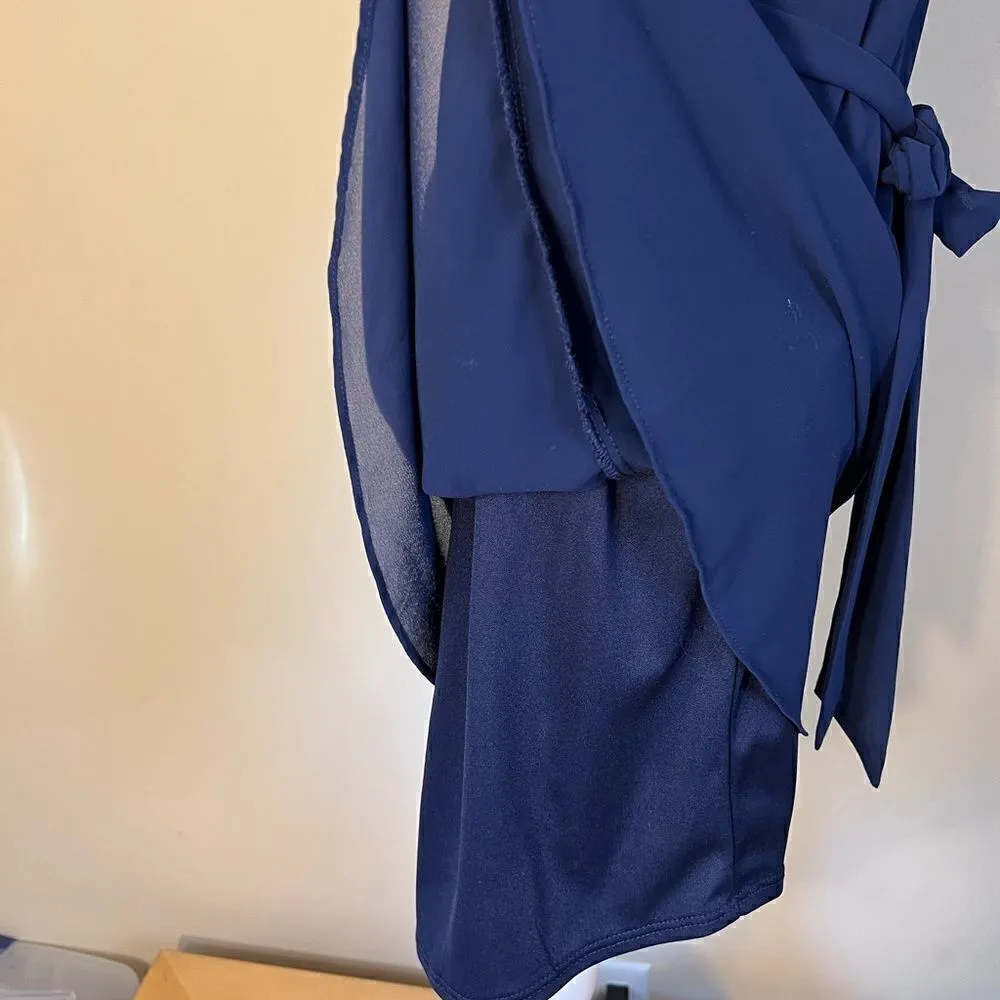 A. Byer Blue Semi Sheer Long Sleeve Strappy V Neck Belted Dress Medium - Image 5
