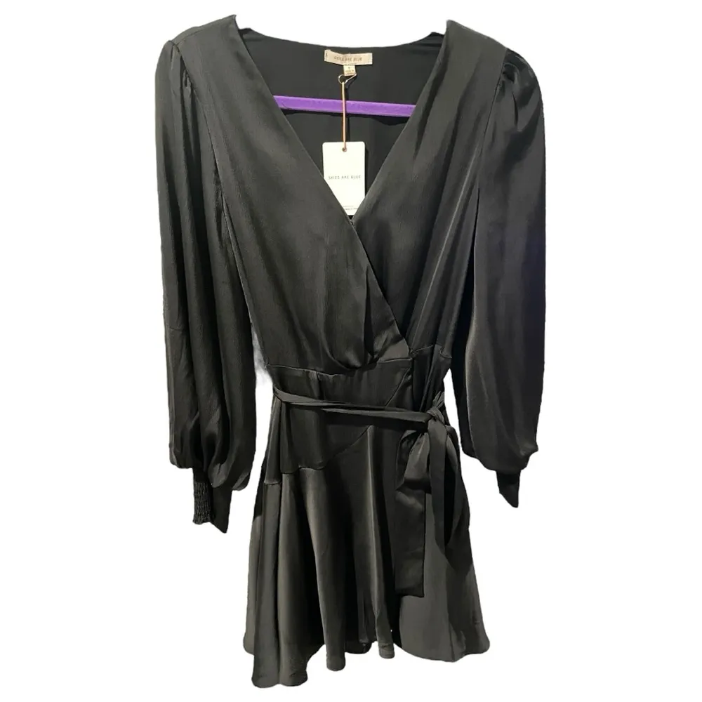 Skies Are Blue Black Satin Wrap Dress  Small Witch Whimsigoth Elegant Romantic - Image 2